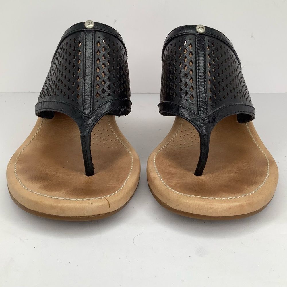UGG AUSTRALIA SOLENA BLACK LEATHER CUT OUT WEDGE WOMEN'S THONG SANDALS SZ 9W - Picture 4 of 10